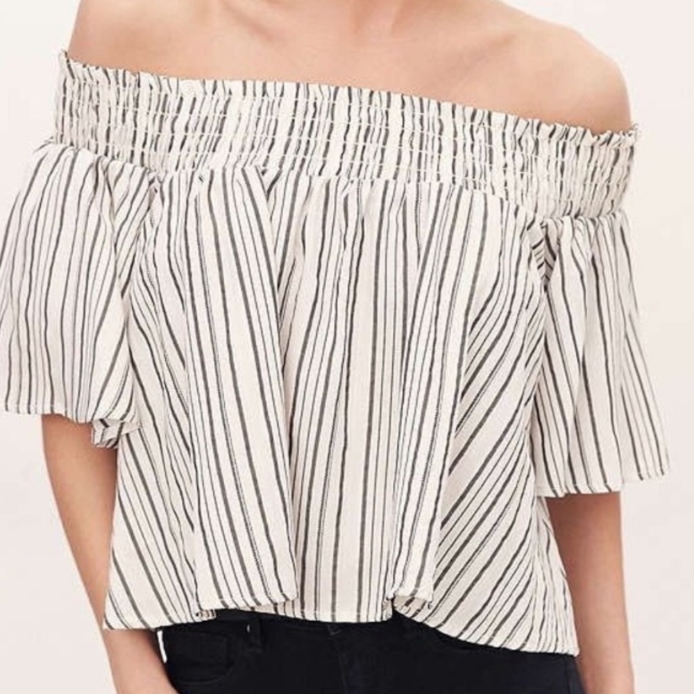 Kimchi Blue Smocked Off White and Grey Off the Shoulder Top